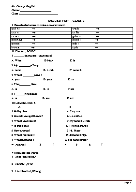 Đề kiểm tra bài 1, 2 ,3 môn Tiếng anh lớp 3
